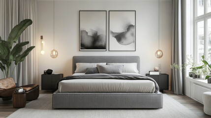Contemporary minimalist bedroom, grey bed, light grey backdrop, white walls, photorealistic