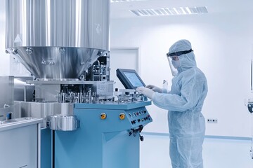 A worker in a cleanroom suit operates a pharmaceutical filling machine.