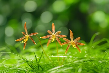 Three brown and yellow orchids blooming in a grassy field.