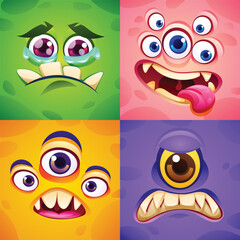 Set of monster faces with various expressions, featuring multiple eyes and sharp teeth. Vector cartoon illustration