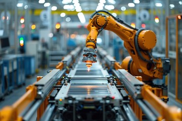 A robot is working on a conveyor belt in a factory