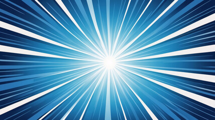 Fototapeta premium Pop art background. Comic pattern with starburst and halftone. Blue banner with dots and beams. Cartoon retro sunburst effect. Vintage sunshine texture. Funny superhero print. Vector illustration. 