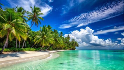 Vibrant turquoise waters lap against a picturesque white sand beach, lined with lush green palm trees and scattered