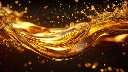 Golden Liquid Splash with Sparkling Droplets in Motion Against a Dark Background
