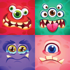 Collection of cartoon monster faces with different expressions and eyes. Vector cartoon illustration.