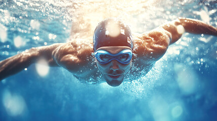 Naklejka premium Swimmer Athlete in Action Focused and Powerful while swimming in the Pool