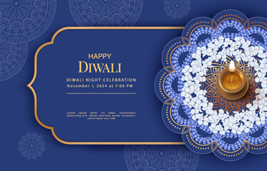 Diwali Festival banner. Golden frame, rangoli patterns with flowers and diya lamp