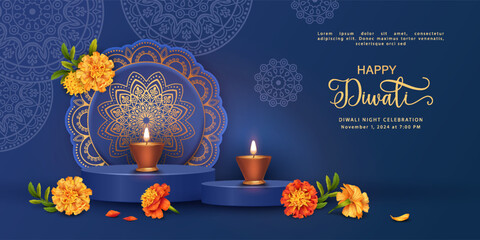 Diwali Festival Banner. Traditional Indian background with diya lamp on podium and marigold flowers