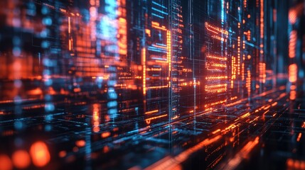 Fototapeta premium A vibrant abstract digital landscape featuring glowing blue and orange lines, representing technology and innovation.