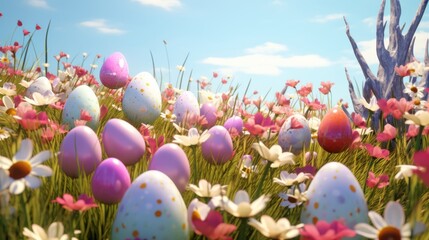 Colorful easter eggs hidden amongst a vibrant flower field in bloom: festive spring scene with brightly painted eggs nestled in lush garden blossoms, perfect for celebrating easter and seasonal joy


