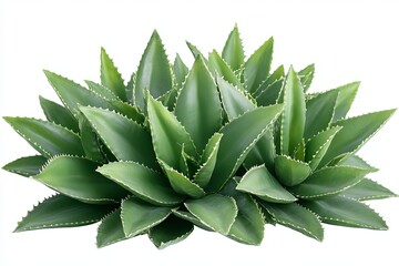 Lush green agave plant with sharp, spiky leaves isolated on white background.