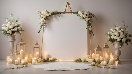 Fototapeta premium blank white paper set on an minimalist gold metal easel with candles and decorations