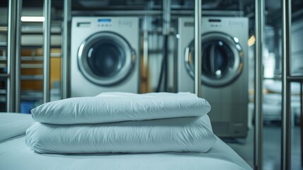 Clean Bed Sheets Piled Near a Large Industrial Washing Machine in a Factory Environment