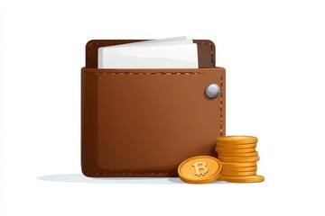 A stylish brown wallet with coins and a card, perfect for financial themes and personal finance projects.