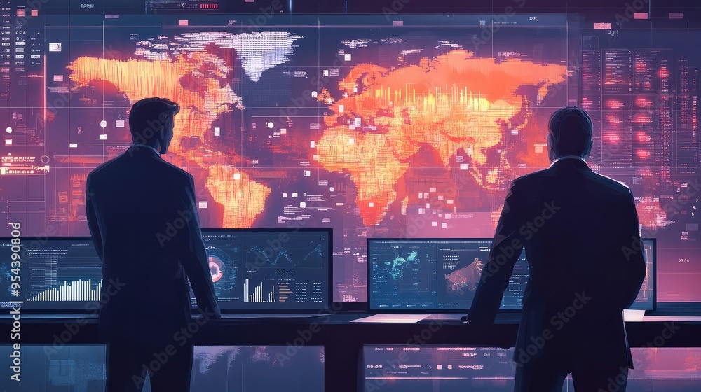 Poster two professionals analyze global data displayed on large screens, emphasizing technology and interna