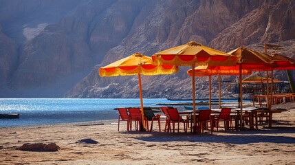 Chairs, umbrellas, Sinai, Red Sea, Egypt