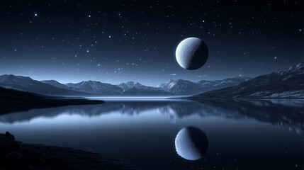 A purple tree is in the foreground of a beautiful, starry sky. The sky is filled with stars and a planet is visible in the background. Concept of wonder and awe at the vastness of the universe