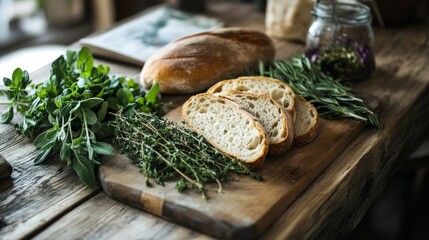 Herbs and bread on table