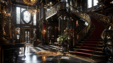 Obraz premium Design a photorealistic interior of a Victorian Gothic mansion temple with black, maroon,