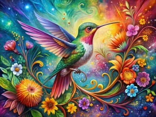 Fototapeta premium Vibrant, whimsical illustration of a hummingbird surrounded by swirling brushstrokes and colorful flowers, blending