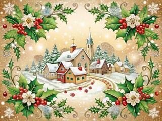 Vibrant, whimsical illustration of a snow-covered village scene with festive holly, berries, and ornaments, surrounded by intricate borders and delicate snowflakes on a warm beige background.