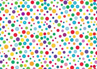 Vibrant white background covered in playful, evenly-spaced, multicolored polka dots of varying sizes, creating a fun,