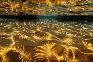 Sunlight filters through clear, rippling water, casting vibrant patterns and the shadows of palm leaves on the sandy bottom. The tropical scene radiates tranquility and warmth.