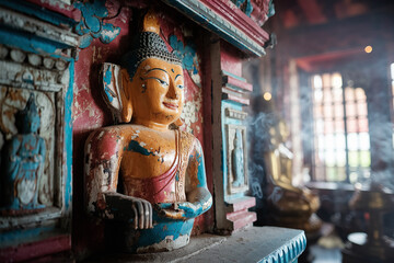 Weathered statue of Buddha carved into an alter in a temple