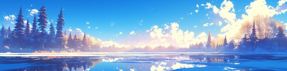 Obraz premium Enchanting Winter Wonderland: Anime-Style Snowy Landscape with Serene Lake and Reflective Ice. Dreamy Illustration for Game Art, Storybooks, and Seasonal Marketing. Versatile 4K Wallpaper for Home Dec