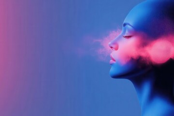 A vibrant artistic portrait of a model emitting colorful mist, showcasing creativity and beauty in a modern digital style.