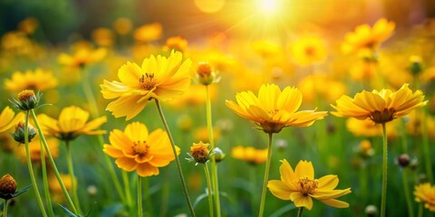 Obraz premium Vibrant yellow estaminas flowers bloom in a lush green meadow, with delicate petals and slender stems swaying gently