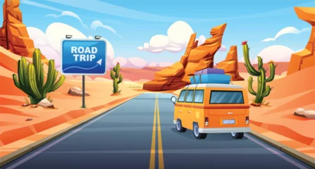Fotobehang Road trip vacation by car through desert road with unique rock formations and cacti on either side. Vector cartoon illustration © YG Studio