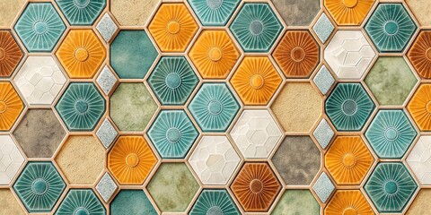 Fototapeta premium Midcentury modern hexagon tile retro nostalgic feel