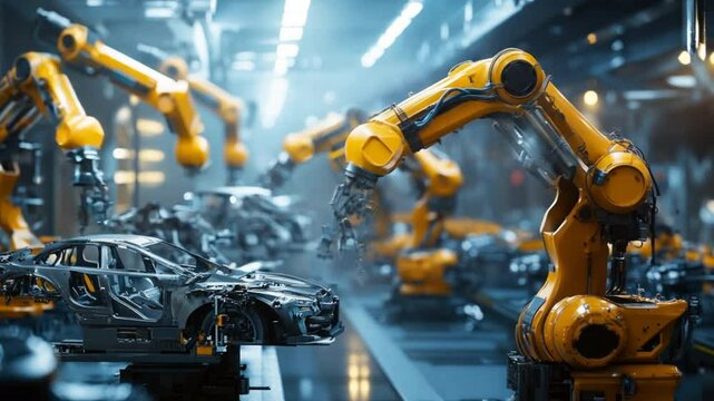 A robot is being assembled in a factory