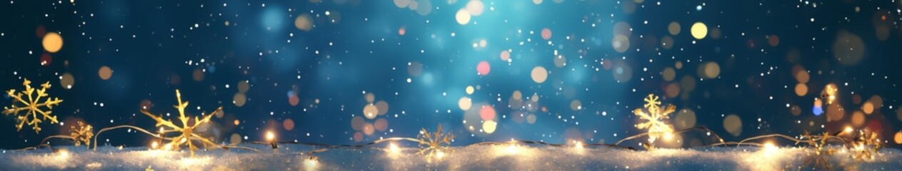 Fototapeta premium Festive Christmas natural snowy landscape, abstract empty stage, background with snow, snowdrift and defocused Christmas lights. Blue and yellow Golden Christmas lights against blue sky, copy space，