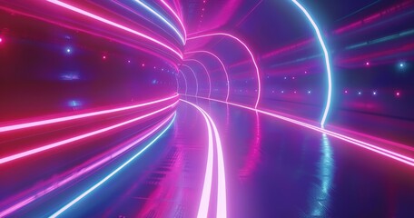 Obraz premium A vibrant, futuristic tunnel with glowing neon lights and reflective surfaces.