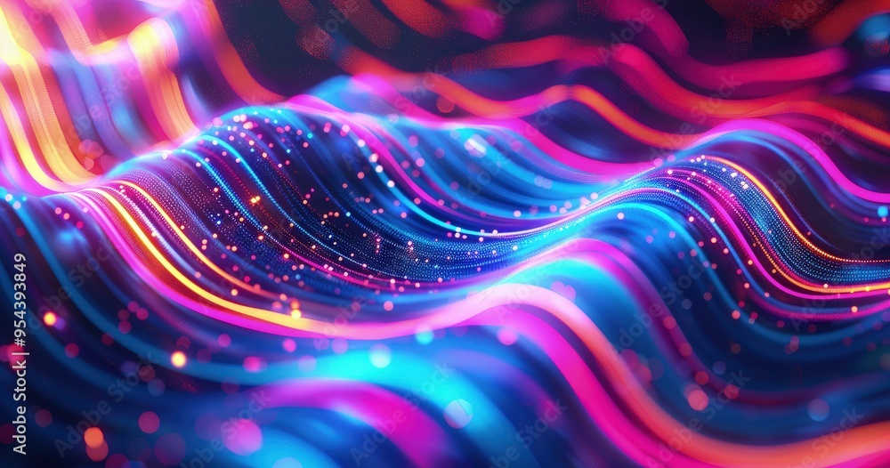 Poster a vibrant, abstract wave of colorful light and particles creating a dynamic visual effect.