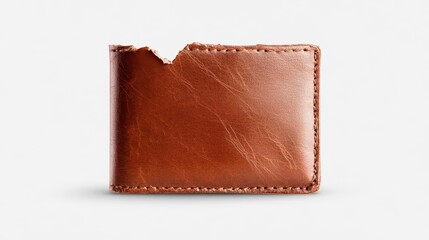 An elegant, brown leather wallet showcasing a distinctive tear, perfect for depicting wear and character in accessories.