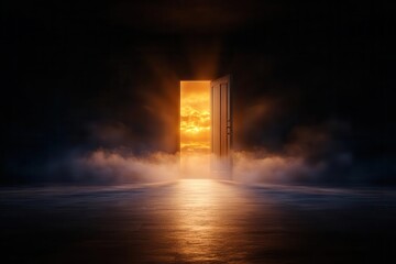 An open door reveals a stunning sunset, casting warm light and ethereal mist in a mysterious atmosphere.