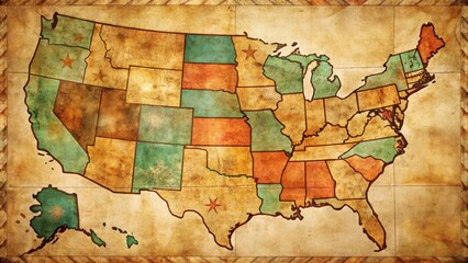 Fototapeta premium Vintage-style illustration of the western United States featuring state outlines, national parks, and major cities within a distressed, textured background.