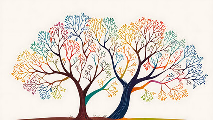 Obraz premium Abstract illustration of a tree with branches and leaves of different colors, representing diversity and growth with copy space.