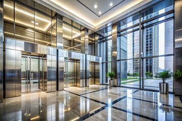 Modern high-rise building's sleek, stainless steel, mirrored-walled empty case elevators await passengers, reflecting sleek lobby's minimalist design and copious natural light pouring in.
