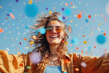 Obraz premium A woman is smiling and surrounded by colorful confetti. Concept of joy and celebration