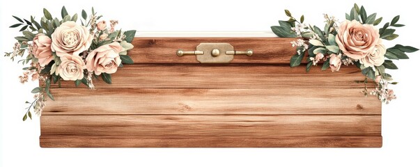 Decorative wooden sign adorned with pink roses and greenery, suitable for weddings, parties, or special events.