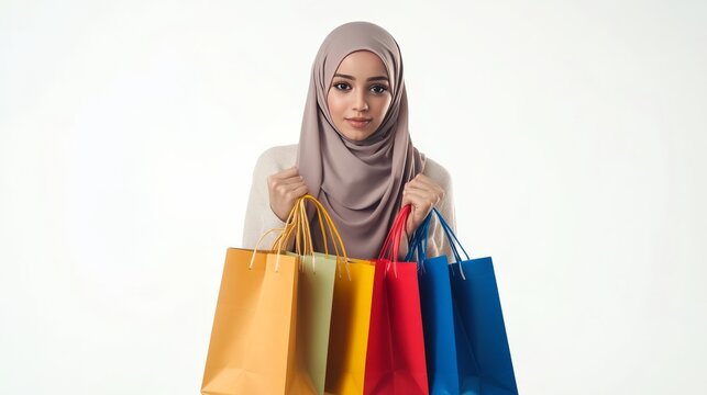 Woman in hijab goes shopping.