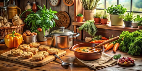 Fototapeta premium Warmly lit, freshly baked homemade cookies and a hearty stew simmering on the stovetop, surrounded by cozy kitchen