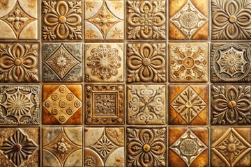 Warmly lit, highly detailed ceramic tiles in various earthy tones, showcasing realistic textures, grooves, and subtle