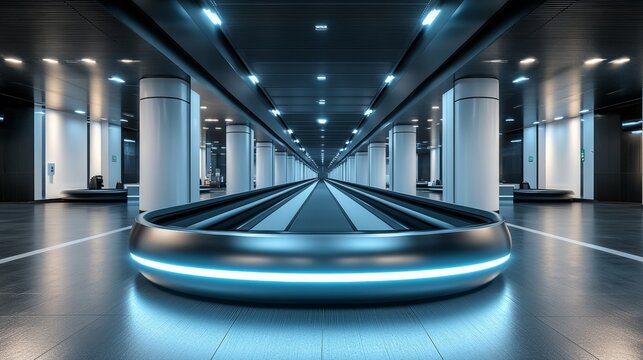 High-tech airport baggage claim, featuring a seamless conveyor belt system with integrated facial recognition for personalized luggage delivery, in a minimalist environment