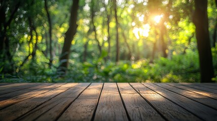 Wooden table surface in a lush green forest with sunlight streaming through the trees, ideal for outdoor nature scenes.