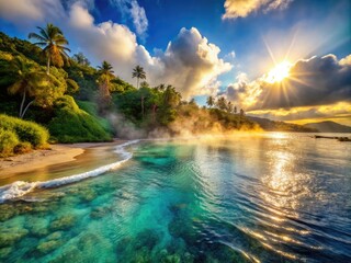 Fototapeta premium Warm sunlight illuminates a serene tropical beach scene where steaming hot geothermal water flows gently into the turquoise ocean waves.